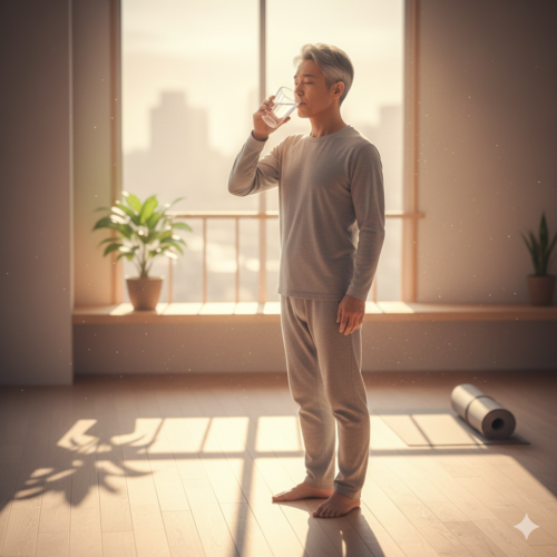50代男性が朝の光の中で白湯を飲みリラックスしている様子｜ダイエットを成功させる朝の5分習慣